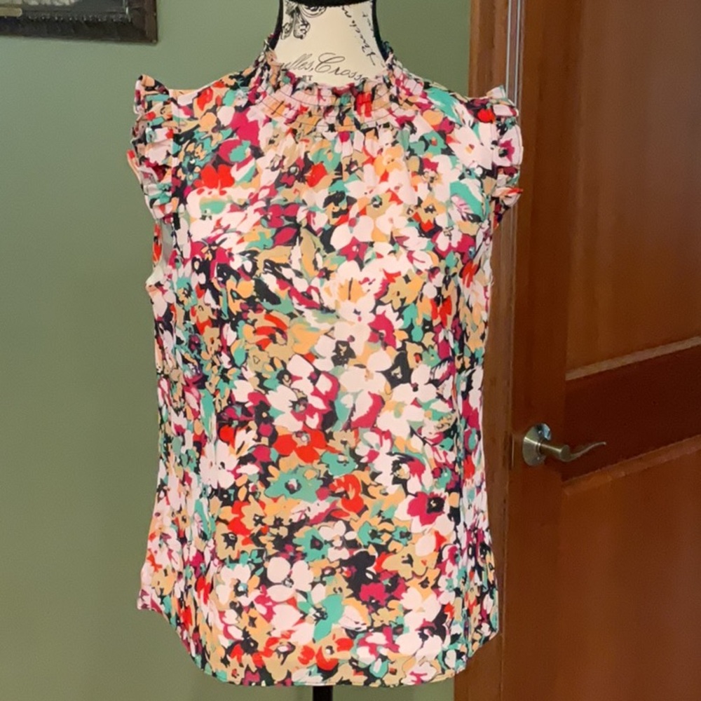 J. Crew Red and Pink Ruffled Sleeveless Blouse, Size XS